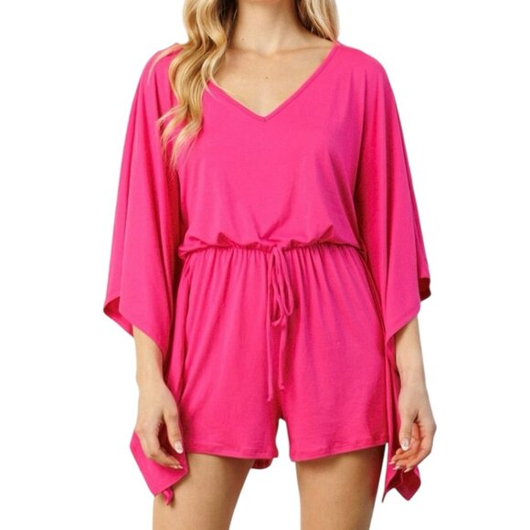 Womens Size Small Hot Pink Tie Waisted Romper Mittoshop Stretchy Comfortable NWT - Picture 1 of 10